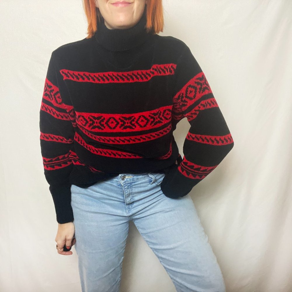 Vintage 90s Turtleneck Red Black Fleece Size Large